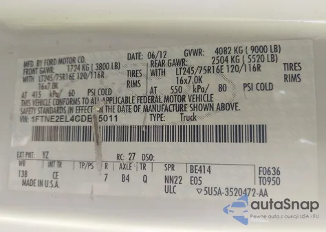 2012 Ford E-250 Commercial from USA, damaged, VIN 1FTNE2EL4CDB15011